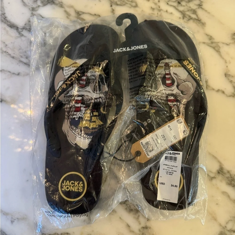 NWT JACK & JONES Mens Logo Flip Flops Sandals Black Summer Beach Shoes Size 9/10